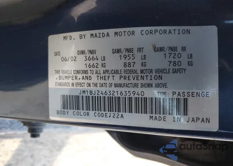 2002 Mazda Protege5 from USA, damaged, VIN JM1BJ246321635940